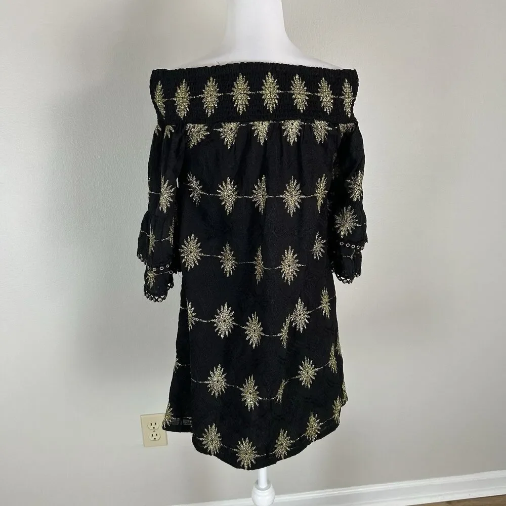 Boston Proper XS Off The Shoulder Dress Gold Black Mini Bell Sleeve Embroidered